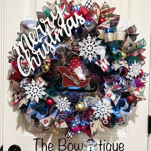 Handmade Christmas Gnome in Sleigh Holiday Ribbon Door Wreath 26 ins LED XLW1 - Picture 1 of 12